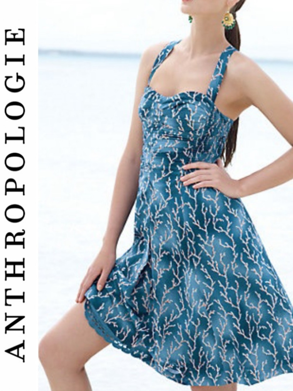 Anthropologie HD in Paris Acropora Blue/Teal Coral-Print Fit & Flare Sundress- 6